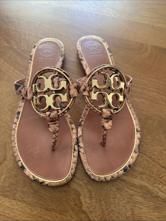 Tory Burch Shoes - Tory Burch Pink Snake-Print Miller Thong Sandals with Gold Logo